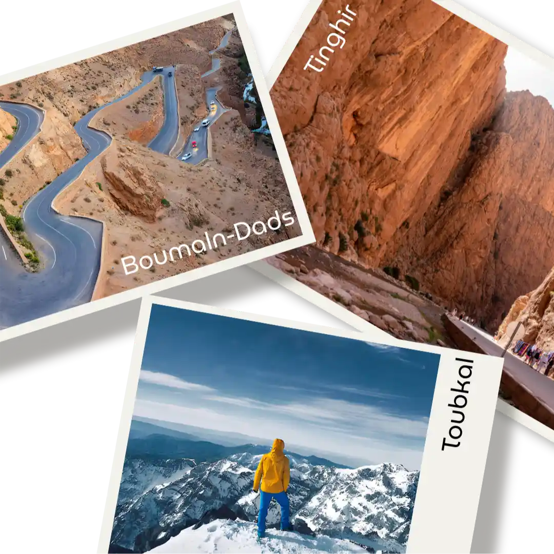 Wandern und Klettern in Marokko: Serpentinen im Dadès-Tal bei Boumalne, Todra-Schlucht bei Tinghir und Bergsteiger im Hohen Atlas am Toubkal