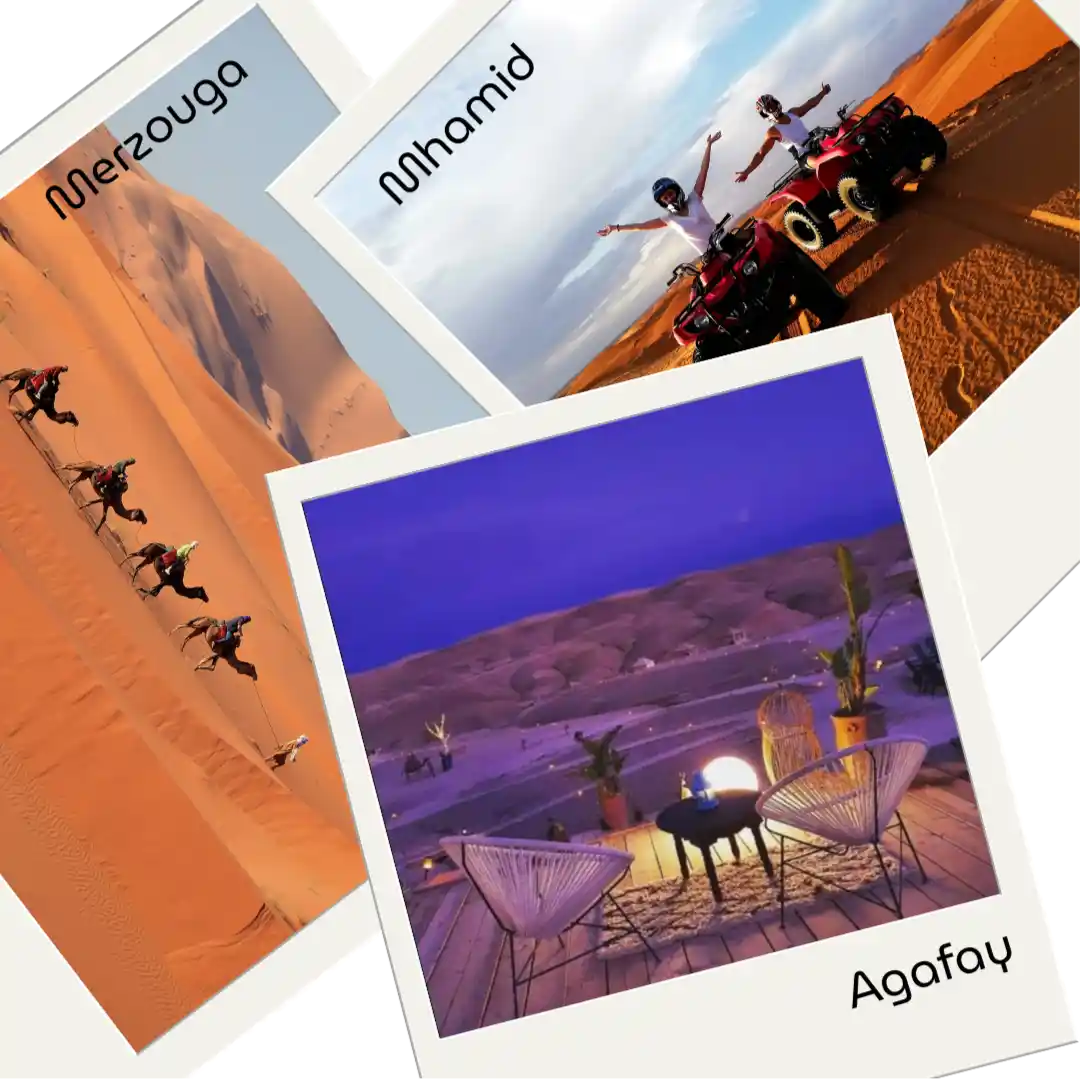 Wüstenreiseziele in Marokko: Kamelritt in Merzouga, Quad-Tour bei M’Hamid und Wüstencamp in der Agafay bei Sonnenuntergang