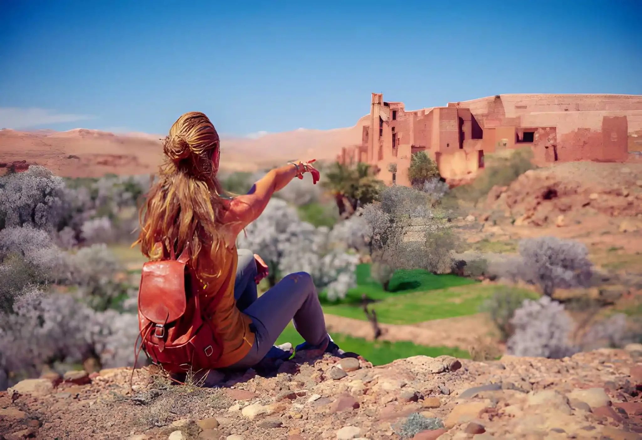 Reisende blickt auf eine Kasbah im Atlasgebirge in Marokko